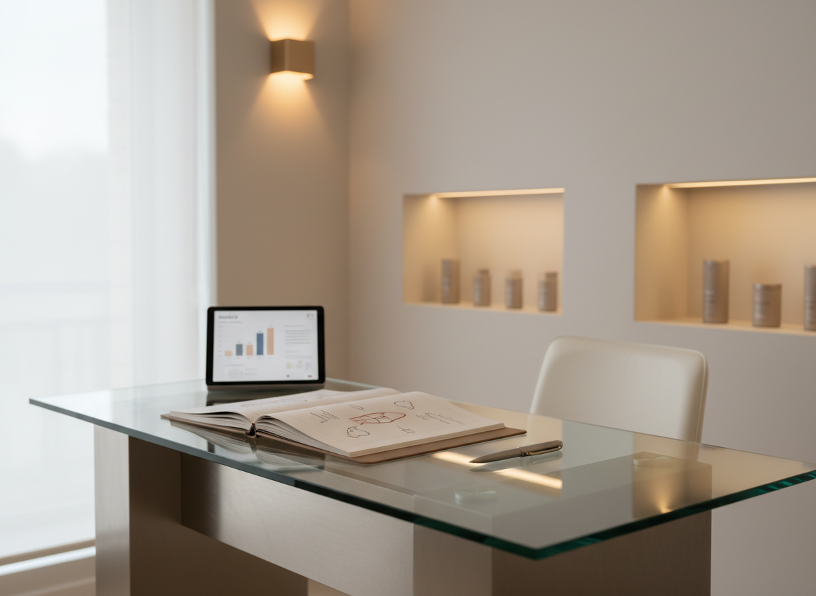 Una scrivania di consulenza in vetro trasparente con bordi bisellati, su base in metallo spazzolato, perfettamente ordinata. Sopra, una cartellina aperta con schemi anatomici stilizzati senza testo, accanto a un tablet acceso con grafici dei risultati e a una penna metallica lucida allineata con precisione. Alle spalle della scrivania, una parete chiara con nicchie retroilluminate che ospitano flaconi e contenitori neutri. La luce è soffusa, proveniente da un’ampia finestra laterale e da un’applique a luce calda, creando un’atmosfera di consulenza personalizzata, rassicurante e altamente professionale. Ripresa fotografica a livello occhi, composizione secondo la regola dei terzi, con il focus sulla scrivania e lieve sfocatura sugli elementi di sfondo.