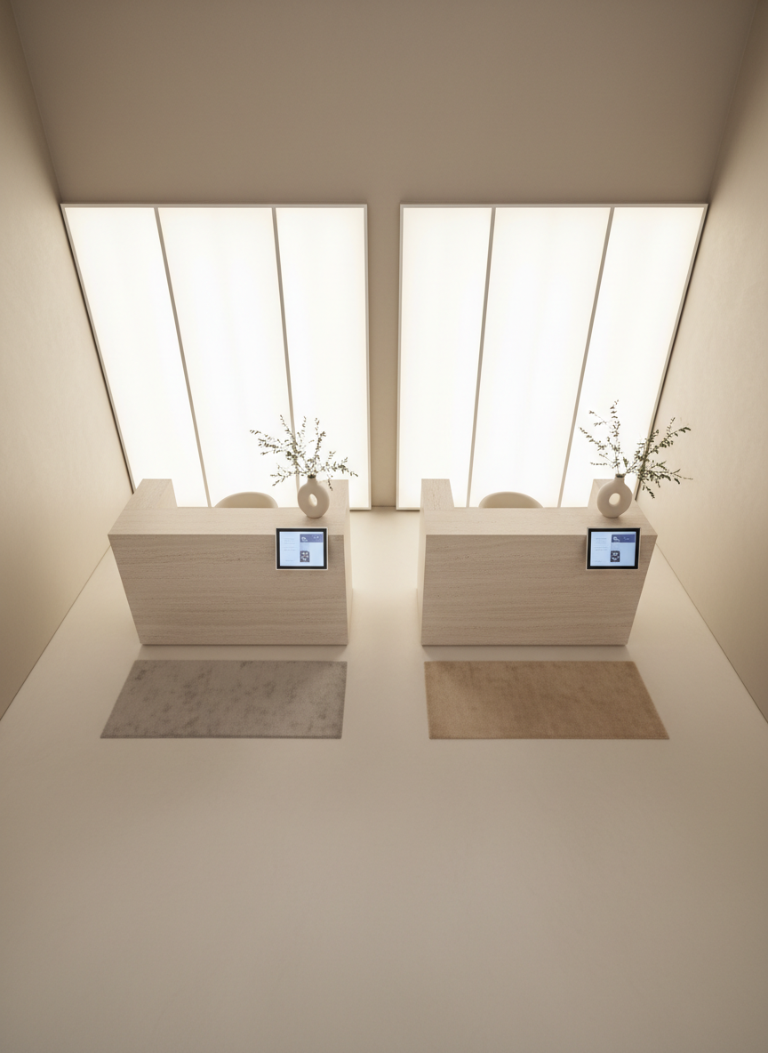 Un’ampia vista dall’alto di un banco reception elegante che suggerisce due sedi SkinLab: due blocchi di pietra chiara separati ma armonizzati, ciascuno con il proprio piano liscio e superfici perfettamente ordinate. Su ogni banco, un vaso minimal con rami verdi e un display elettronico acceso, mentre sul pavimento in resina chiara compaiono due tappeti sottili in tonalità diverse per richiamare le due location. Le pareti sono in toni neutri, arricchite da pannelli retroilluminati che diffondono una luce morbida e continua. L’illuminazione è uniforme, elegante e contemporanea, creando un’atmosfera di accoglienza sofisticata. Composizione fotografica a vista zenitale, con linee pulite e simmetrie leggere che trasmettono ordine, professionalità e cura della persona.