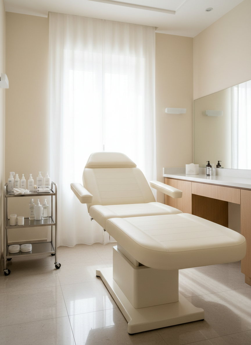 Un lettino da trattamento elegante con rivestimento in ecopelle color avorio perfettamente teso, al centro di una cabina estetica minimalista. La stanza è rifinita con pareti color crema e dettagli in legno chiaro, superfici lucide e strumenti ordinati su un carrello in acciaio satinato. Una grande finestra laterale lascia entrare una luce naturale morbida e filtrata da tende bianche, creando riflessi delicati sul metallo e ombre soffici sul pavimento in gres porcellanato. L’atmosfera è silenziosa, avvolgente e sofisticata. Inquadratura fotografica realistica a livello occhi, con composizione pulita e bilanciata, sfondo leggermente sfocato per mettere in risalto il lettino come fulcro del percorso viso e corpo di estetica avanzata.
